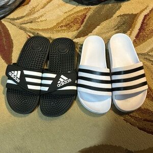Women’s Adidas Slides size 8 8 1/2 white and black two pair bundle
